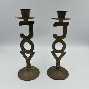 Vintage Brass "JOY" Candlestick Holders Pair Holidays Christmas Festive 8in